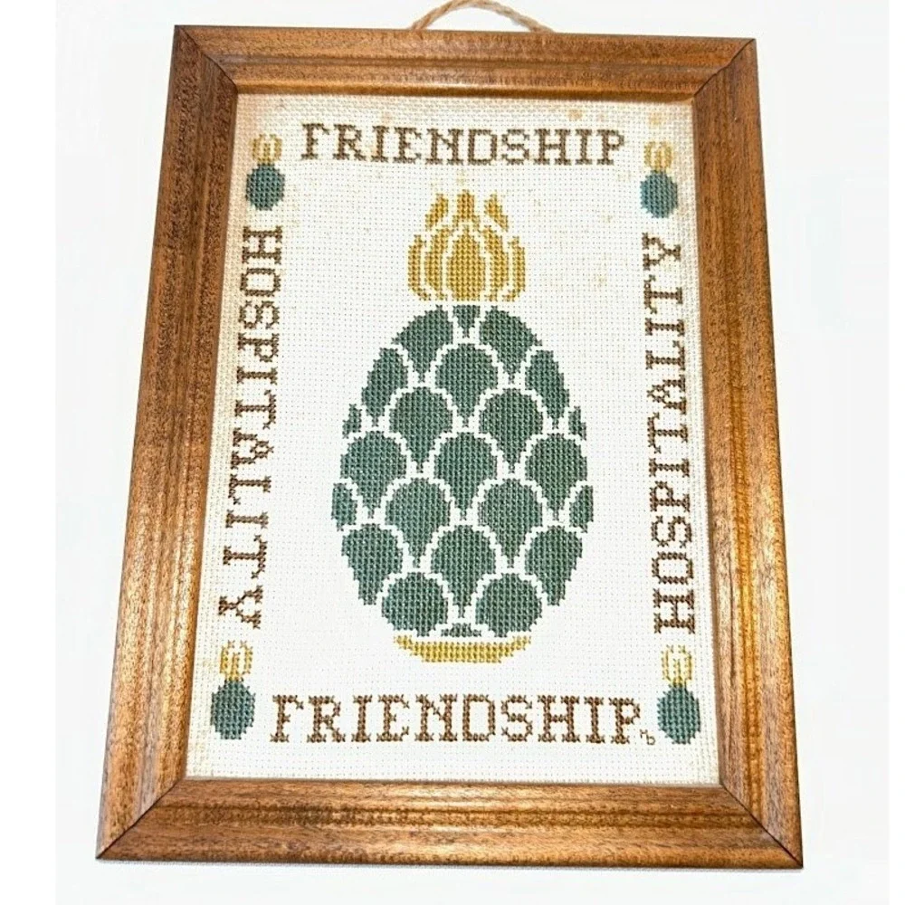 Vintage 1983 Pineapple Cross Stitch Framed Art Friendship Hospitality 8.5x6.5